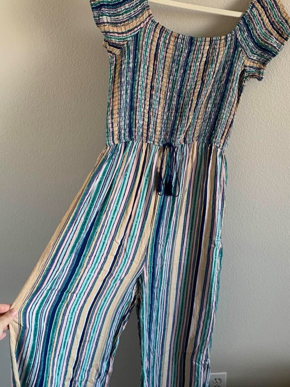 Striped Smocked Jumpsuit in Teal and Navy